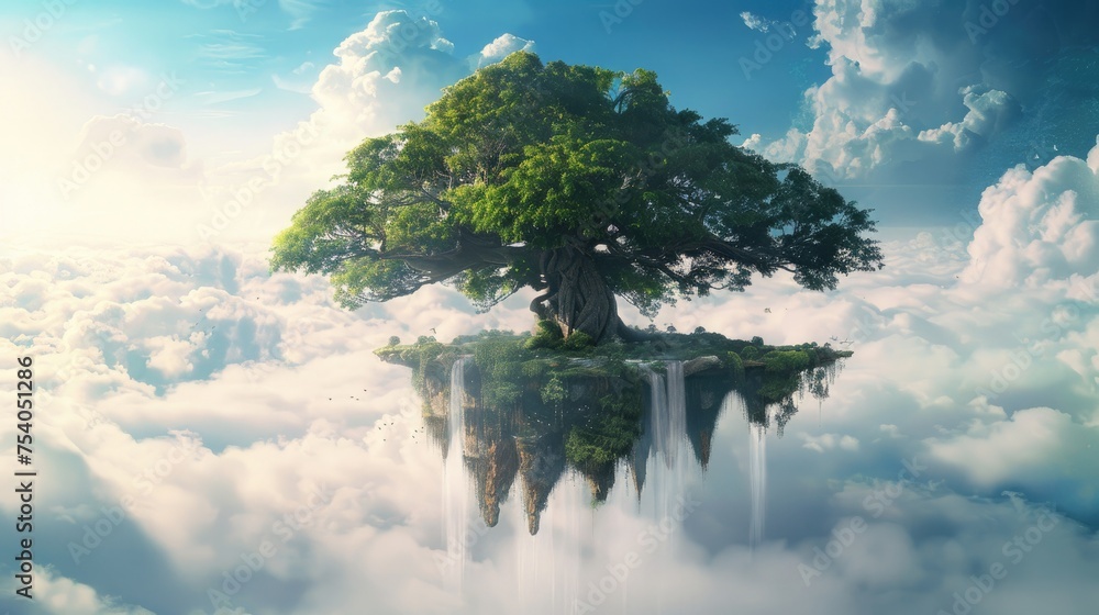 Poster an island floating in the sky, anchored by a tree with branches that stretch out to the horizon, sup