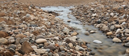 A stream of water flows through a rocky area, revealing river pebbles due to water scarcity. The water moves swiftly over the rugged rocks, creating a dynamic scene.