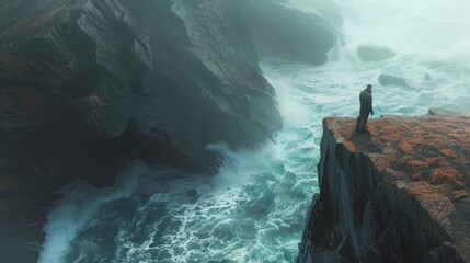 An individual standing at the edge of a cliff, overlooking a turbulent sea, finding a moment of solitude and calm amidst the natural chaos. 8k - obrazy, fototapety, plakaty