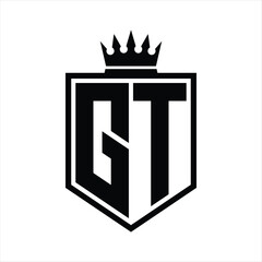 GT Logo monogram bold shield geometric shape with crown outline black and white style design