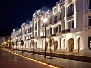 Fototapeta na wymiar Ornate streetscape white houses illuminated