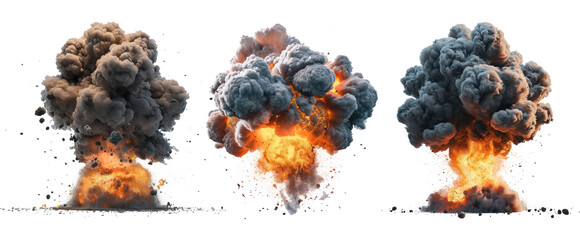 set of three nuclear bomb explosion on transparent background
