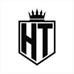 HT Logo monogram bold shield geometric shape with crown outline black and white style design