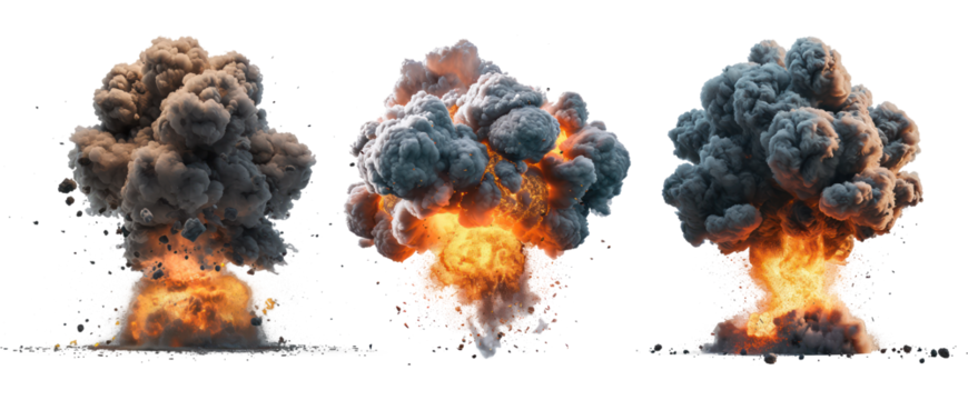 set of three nuclear bomb explosion on transparent background