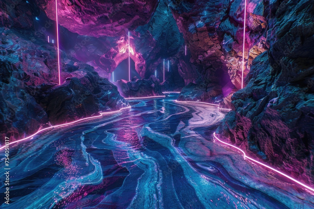Poster an underwater scene rendered in surreal marble patterns, with neon lights casting an iridescent glow