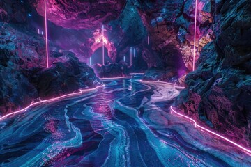 An underwater scene rendered in surreal marble patterns, with neon lights casting an iridescent glow on the undulating waves. 