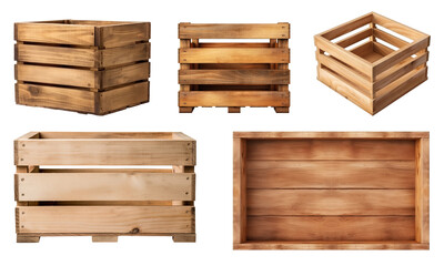 Set of empty wooden crates isolated on transparent background