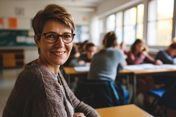 A cheerful elementary school teacher smiles warmly at the camera from the back of the classroom, radiating positivity and dedication to her students' education.