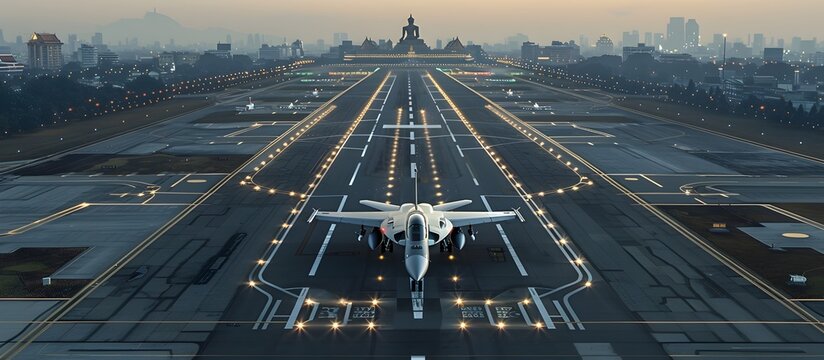 White Fighter Jet on Runway with City Lights Glowing in the Background