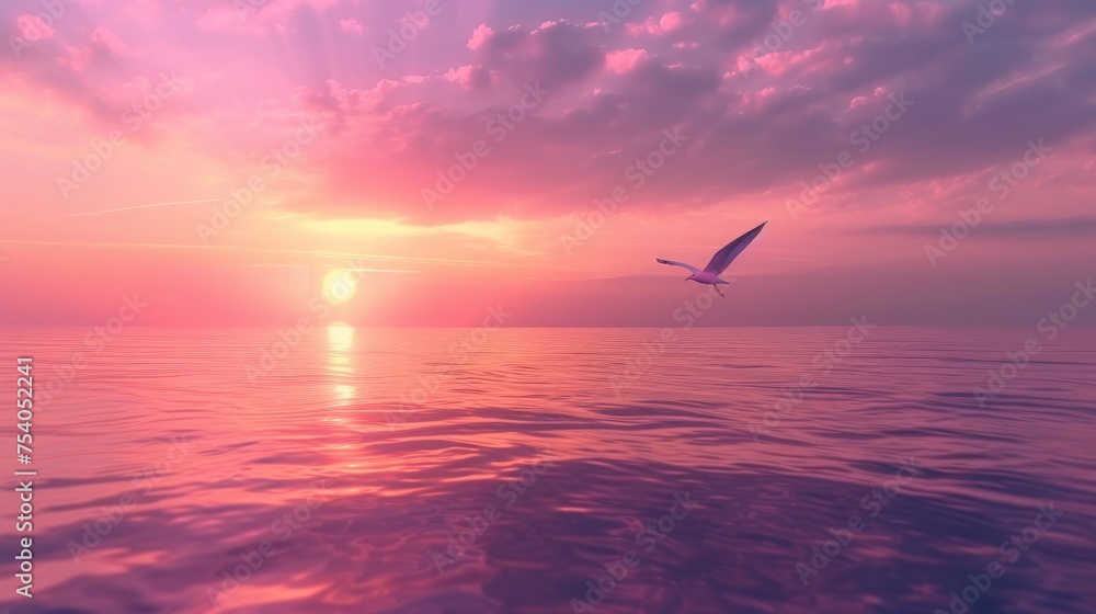 Poster a bird flying low enough to be visible in its reflection on the calm sea waves that reflect the stun