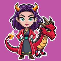 Fire Breathing Fashion Attitude Meets Fantasy- tshirt sticker merging a fashionable girl with a dragon motif, blending attitude with fantasy for a trendy look