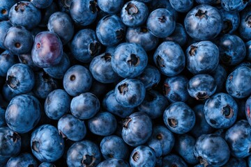 A close-up ripe and juicy fresh-picked blueberries, highlighting their vibrant color and tempting appeal. - obrazy, fototapety, plakaty