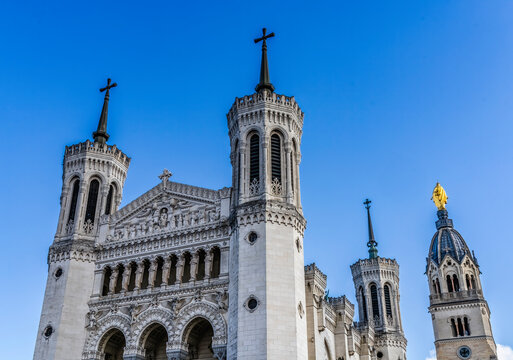 Towers Golden Mary Basilica Notre Dame  de Fourviere Lyon France