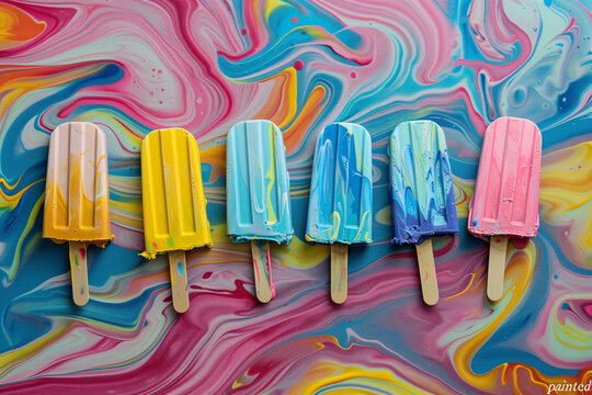 A colorful array of ice cream sticks are arranged on a colorful background. The sticks are painted in different colors, and the background is a mix of blue and pink. Concept of fun and creativity