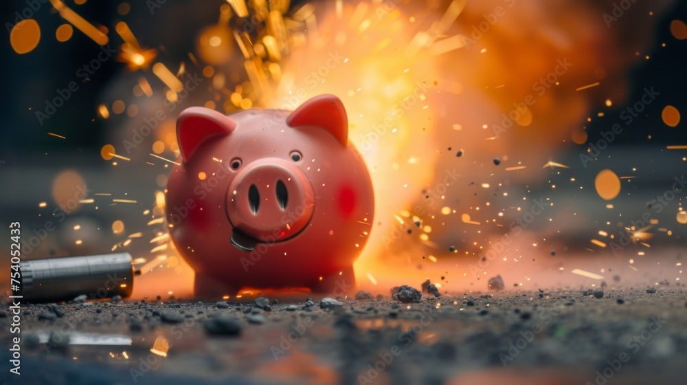 Poster a picture of a piggy bank with a lock being blown up by dynamite representing the breaking free from