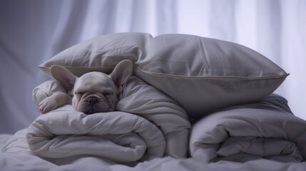 Capture the moment a tiny French bulldog puppy finds its perfect spot among a stack of soft,...