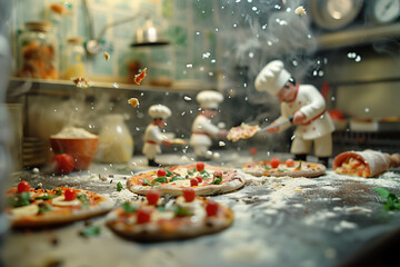 A group of small figurines are cooking pizza in a kitchen. The scene is playful and whimsical, with the figurines acting out a scene of chefs preparing food