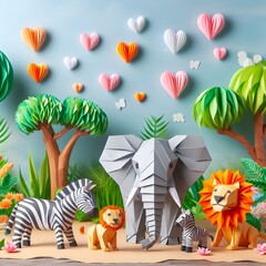 Naklejka premium Origami paper animals: elephant, zebra, lion in lush green nature setting. Wildlife art concept with hearts