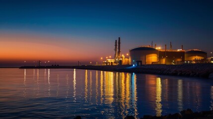 Fototapeta na wymiar A desalination plant at sunset its lights reflecting off the calm sea waters.