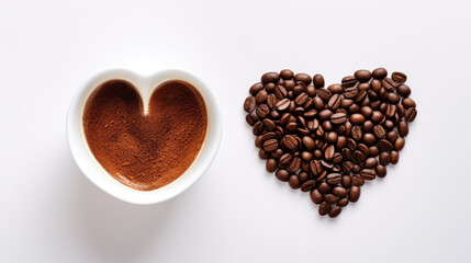 Heart shaped cup with roasted coffee beans and coffee mug filled with black espresso coffee view from above isolated on white background