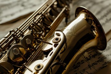 Obraz premium Saxophone in Close-Up, Golden Brass Instrument Music Background