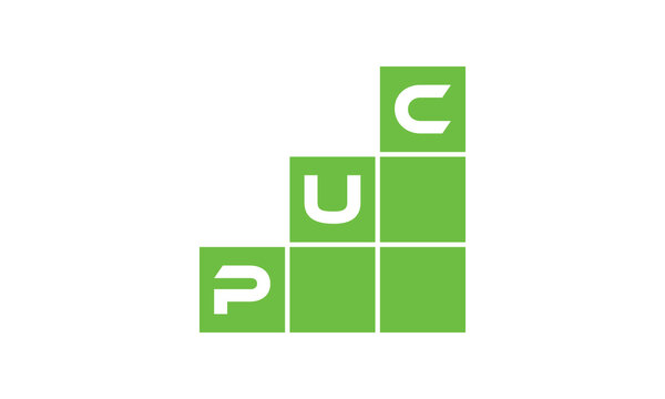 PUC initial letter financial logo design vector template. economics, growth, meter, range, profit, loan, graph, finance, benefits, economic, increase, arrow up, grade, grew up, topper, company, scale
