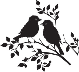 Set of Birds on a Tree branch black silhouette isolated white background