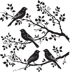 Set of Birds on a Tree branch black silhouette isolated white background