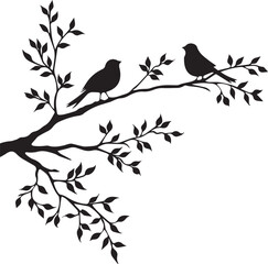 Set of Birds on a Tree branch black silhouette isolated white background