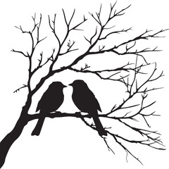 Set of Birds on a Tree branch black silhouette isolated white background