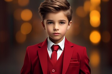 Amidst a world of solid crimson, a cute and extremely beautiful kid model in business clothes...