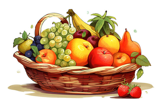 clipart fruit basket watercolor illustration isolated on png background. generative ai.