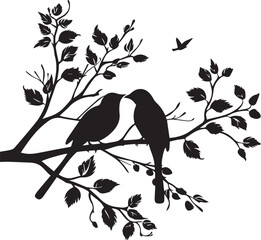 Set of Birds on a Tree branch black silhouette isolated white background
