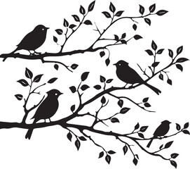 Set of Birds on a Tree branch black silhouette isolated white background