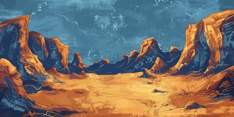 Background Texture Pattern Cel-Shaded Desert Wasteland - Vibrant color palette sandy yellows, rusty oranges, and deep blues - Outlines shading dynamic comic book created with Generative AI Technology