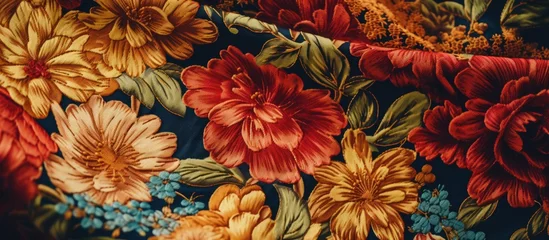 Rolgordijnen Detailed close-up of a fabric with intricate floral patterns in various colors and sizes. The flowers are blooming and layered, creating a vibrant and textured surface. © 2rogan