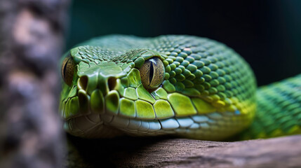 Fototapeta premium macro close-up of a green python's face with sharp eyes and detailed scales on dark background