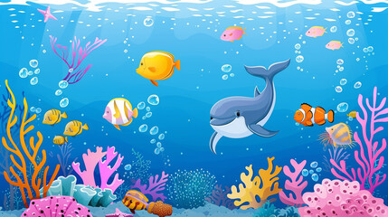 Fototapeta na wymiar Colorful Sea life cartoon background 