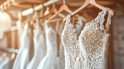 Beautiful elegant luxury bridal dress on hangers. White wedding