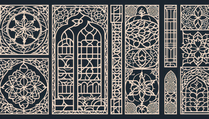 a set of different shapes and sizes of windows, decorative panels, islamic interior design, decorative ornament, ornamental edges, minarats, large motifs, art deco motifs, detailed ornaments, graphic