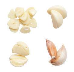Top view set of peeled and unpeeled garlic cloves with slices in stack isolated with clipping path in png file format