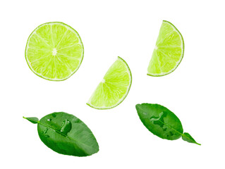 Top view of green lemon fruits and leaves with half and slices or quarters isolated on white background with clipping path