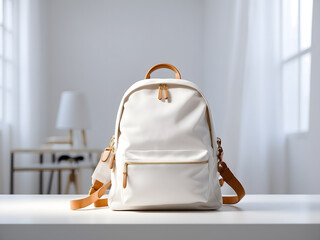 Front view of a white schoolbag mockup in a white room design. With a zipped container in front view.
