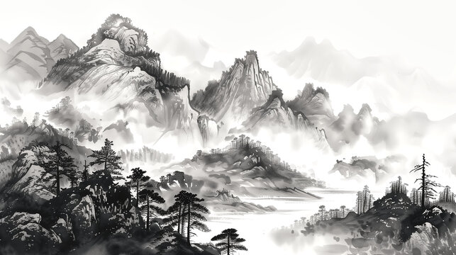 Japanese nature landscape traditional oriental ink painting styl