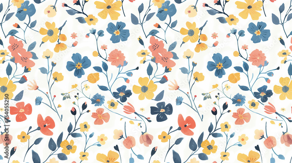 Sticker seamless ditsy floral pattern with cute little flowers on white