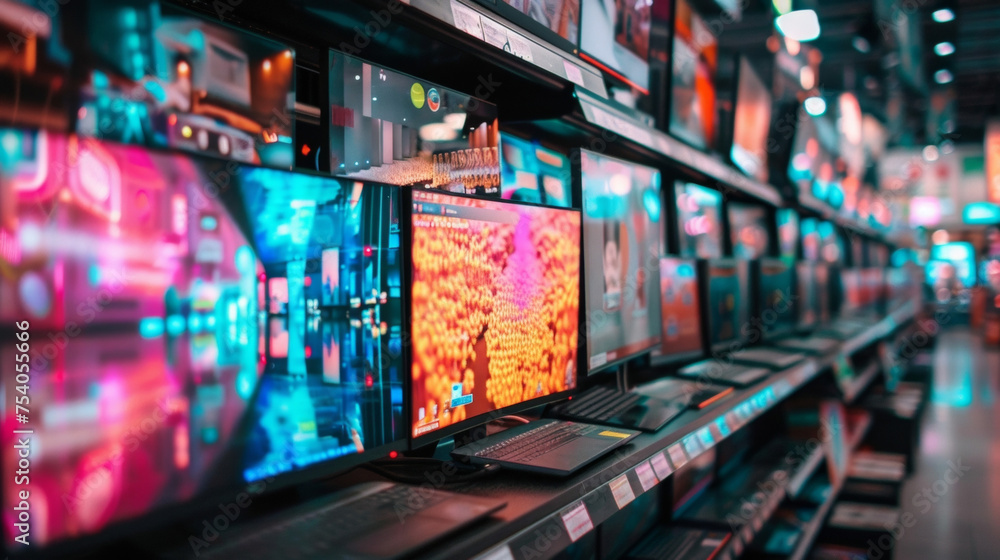 Aufkleber a photograph of a consumer electronics store shelf lined with various electronic displays ranging fr