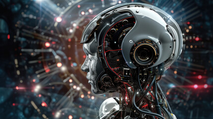 A profile view of an advanced humanoid robot with intricate head mechanisms against a futuristic