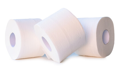 Front view of tissue paper or toilet paper rolls in stack isolated on white background with clipping path