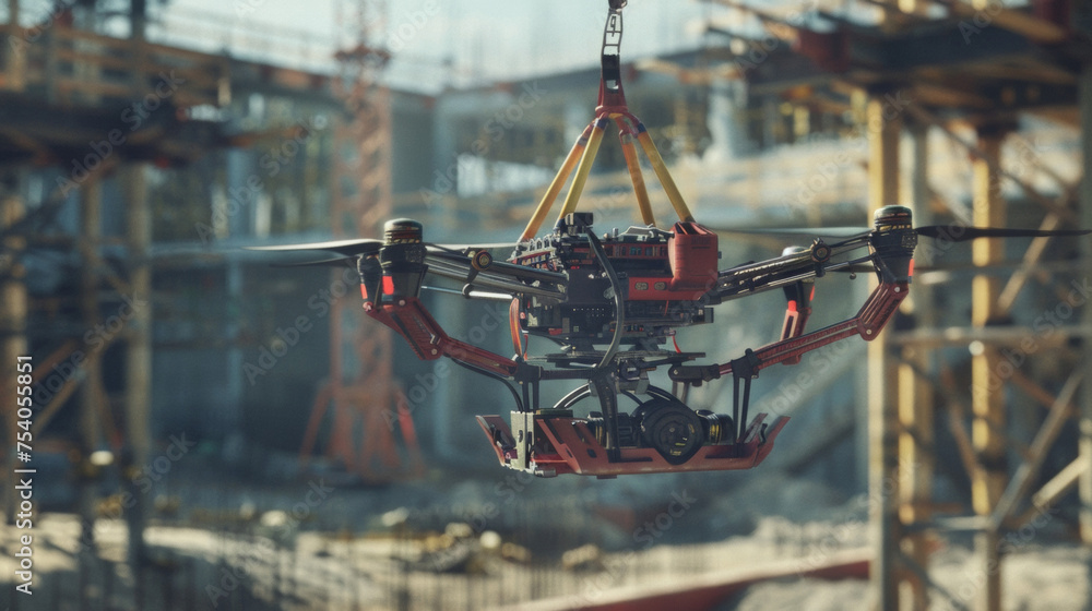 Poster lole view of a drone equipped with a powerful claw being used to transport building materials across