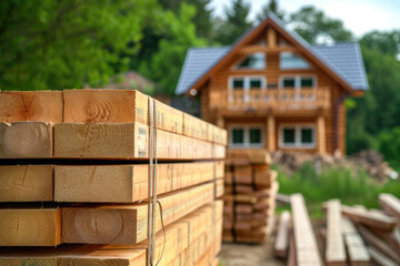 Close-up of a stack of planks with a country house on background